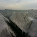 Icy Conditions along Lake Superior as Two Ships Wait near Marquette, MI